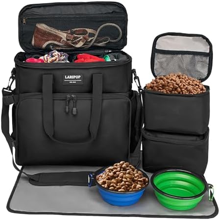 LARIPOP Dog Travel Bag Airline Friendly for Small Medium Large Dogs, Pet Travel Organizer with Collapsible Bowls Food Containers Mat, Waterproof Portable Tote for Dog Outdoor Travel by LARIPOP