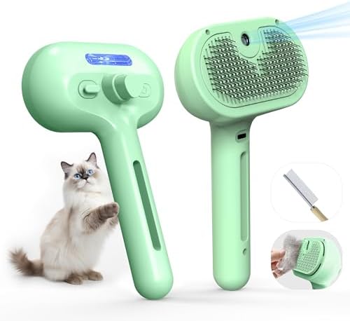 Pet Grooming Brush with Electronic Mist Spray - Gentle Deshedding Tool for Cats & Dogs, Pet Steam Brush，Reduces Shedding, Soft Bristles, Promotes Healthy Coat-Comes with a hair smoothing comb-Greener by Eilimy