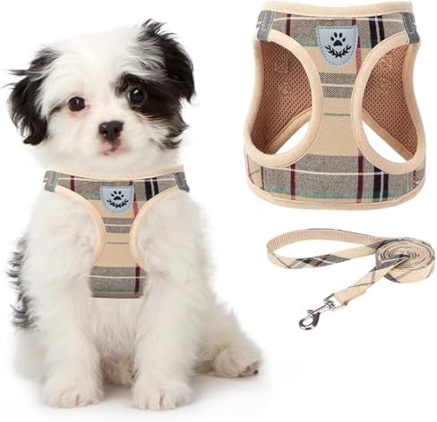 KOOLTAIL Dog Harness and Leash Set for Small Medium Dogs, Step in No Pull Soft Mesh Dog Harness Comfort Padded Pet Vest, Adjustable Reflective Easy Walking Puppy Cats Harnesses Training, Plaid Beige M by KOOLTAIL