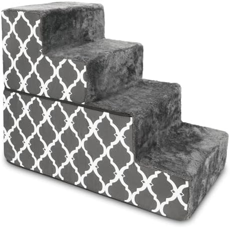 Best Pet Supplies Dog Stairs & Steps - Foam Steps for Small Dogs & Cats, Non-Slip Indoor Balanced Pet Step Support, Dog Ramp, No Assembly, Gray Lattice Print, Foldable 4-Step (22-inch Height) by BestPetSuppliesLLC