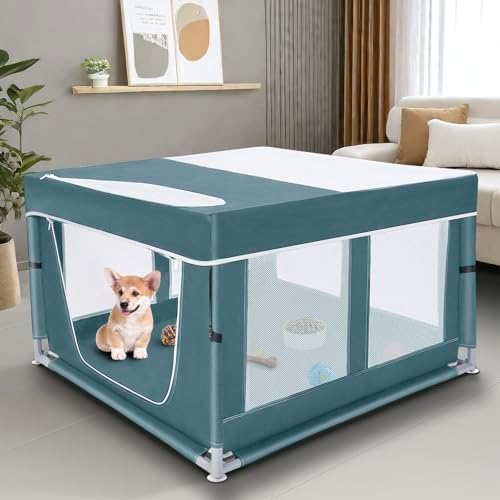 Dog Kitten Playpen with Cover, 42x42 x25.5 Puppy Playpen for Small Pet with See-Through Topper Proof, Green by ZIKOPOMI