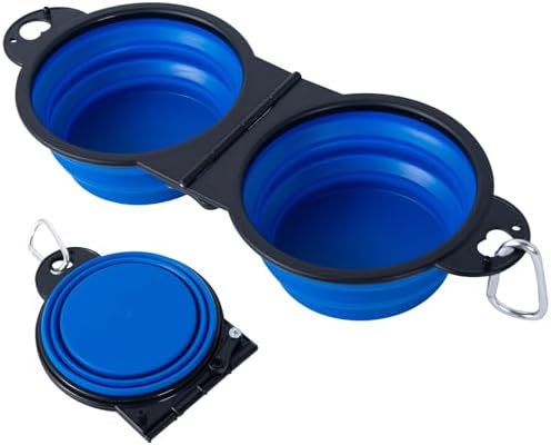 SLSON Collapsible Dog Dual Bowls Reinforced Rim 180 Degrees Flip Over Foldable Double Bowl with Lock Clips More Stable Dog Travel Bowls Pet Food Water Feeder (Blue) by SLSON