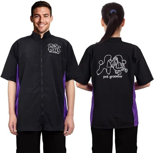 Short Sleeve Pet Grooming Jacket for Groomers, XL Size, Full Zipper by Noverlife