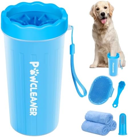 Professional 7 in 1 Dog Paw Cleaner for Dogs & Cats - Includes 1 Portable Paw Washer, 1 Bath Brush, 2 Dog Toothbrushes and 3 Absorbent Towels Note: Fits Paws 2.5 to 3.5 Inches Wide (Large, Blue) by Comotech