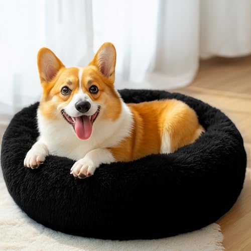 28in Large Dog Bed, Calming Donut Bed for Puppy and Kitten (Black) - Image 5