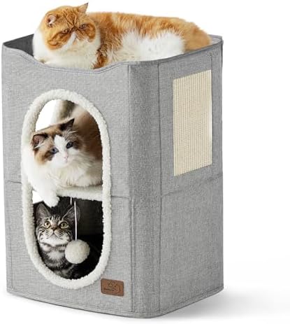 Bedsure 2 Story Cat House for Indoor Cats with Scratch Pad,18x14x23 Grey by BEDSURE
