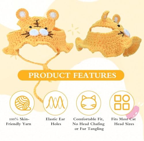Tiger Cat Hat, Cotton & Soft Cute Knitted Hats for Cats Birthday Party Spring Christmas Puppy Hat for Small Pets (Yellow, M) - Image 6