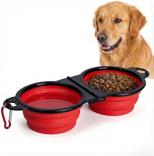 Double Collapsible Dog Bowls for Travel, Food and Water Set with Clip，Red by 7CAIHOME