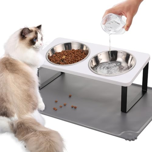 Summark Upgraded Elevated Cat Bowls with Food Mat,15°Tilted Stand Anti Vomiting Raised Cat Dishes for Food and Water,2 Stainless Steel Bowls for Cats and Puppy（White） by Summark