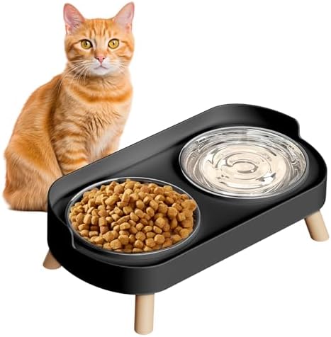 Elevated Cat Bowl, Raised Cat Food and Water Bowl Set for Indoor Cats, Splash Proof with 2 Stainless Steel Pet Food Bowls for Cats and Puppies, Whisker Fatigue and Dishwasher Safe - Black by HIAIEVIY