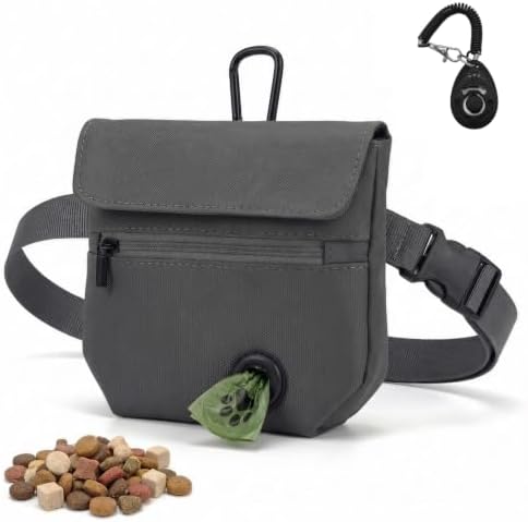 Dog Treat Pouch and Dog Training Clicker, Treat Bag with Poop Bag Dispenser, Powerful Magnetic Clasp, Metal Clip Waist Belt Fanny Pack for Pet Walk Dog Training (Dark Grey) by Shmidgoo