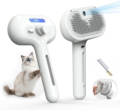 Pet Grooming Brush with Electronic Mist Spray - Gentle Deshedding Tool for Cats & Dogs, Pet Steam Brush，Reduces Shedding, Soft Bristles, Promotes Healthy Coat-Comes with a hair smoothing comb-White by Eilimy