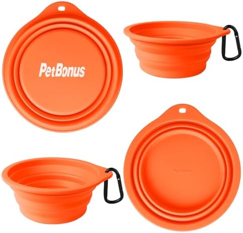 PetBonus 2-Pack Silicone Collapsible Dog Bowls, BPA Free Dishwasher Safe, Portable Foldable Expandable Travel Bowl, Food Water Feeding Cup Dish for Dogs Cats with 2 Carabiners (Green, Orange) - Image 2