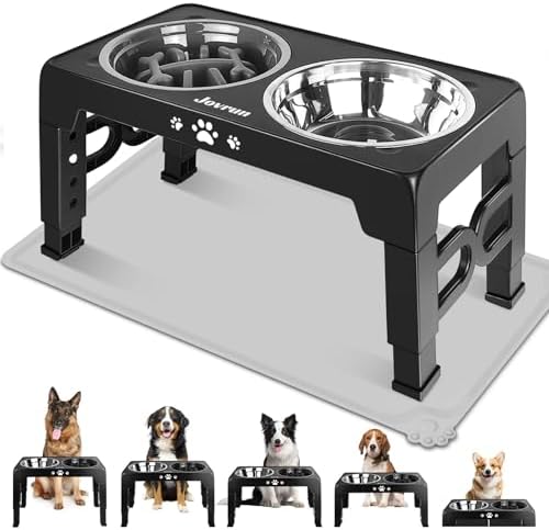 Jovrun Elevated Dog Bowls for Medium Large Dogs with Mat, Non-Slip Dog Feeder with 1*Stainless Steel Dishes & 1*Slow Feeder Bowl, 5 Heights Adjustable Raised Bowls for 3.15″-8.66″-9.84″-11.02″-12.2″ by Jovrun