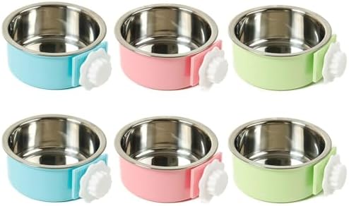 kathson Crate Dog Bowl, Removable Stainless Steel Hanging Pet Cage Bowl Food & Water Feeder Coop Cup for Cat, Puppy, Birds, Rats, Guinea Pigs (6 PCS, Size: L, 2×Blue,2×Green,2×Pink) by kathson