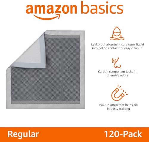 Amazon Basics Carbon Odor Control Dog and Puppy Pee Pads, 5-Layer Leak-Proof Super Absorbent, Quick-Dry Surface for Potty Training, Regular Size 22"x22", Gray, 120 Count - Image 2