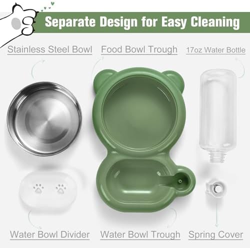 Dog Bowls, Cat Food and Water Bowl Set with Water Dispenser and Stainless Steel Bowl for Cats and Small Dogs - Green - Image 3
