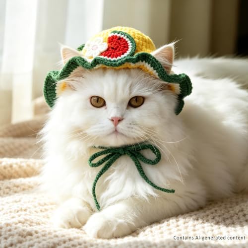 Watermelon Cat Hat, Cotton & Soft Cute Knitted Hats for Cats Birthday Party Spring Christmas Puppy Hat for Small Pets (Green,M) - Image 6