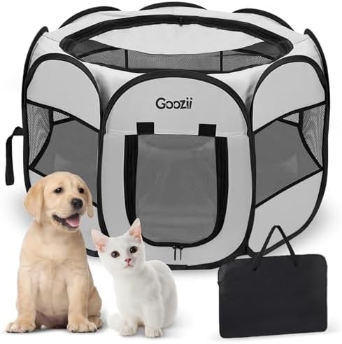Goozii Pet Cat Playpen for Indoor Cats Enclosed, Puppy Dog Play Pen for Outdoor Travel Camping (Medium Size, Light Grey) by Goozii