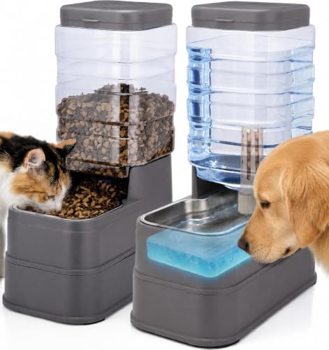 Pawzone 2 Pack Automatic Cat Feeder and Water Dispenser 1.3 Gallon Dog Gravity Food Feeder and Water with Ice Pack Stainless Steel Dry Food and Water Bowl for Small Medium Large Pets (Grey) by Pawzone
