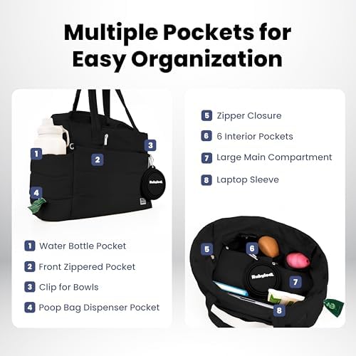 Rubyloo Dog Mom Essentials Bundle - Puffer Tote with Storage Containers (Black) and 32 oz Water Bottle with Detachable Bowl (Dog Mom) - Travel Bag and Hydration Set - Image 3