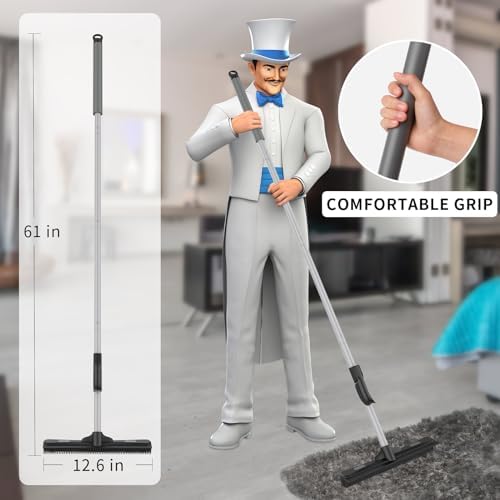 MR.SIGA Pet Hair Removal Rubber Broom with Built in Squeegee, 3 in 1 Floor Brush for Carpet, 61 inch Adjustable Handle, Includes 1 Microfiber Cloth for Floor Dusting (Pack of 2) - Image 2