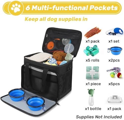 6 Set Dog Travel Bag, Large Pet Travel Kit for Supplies, Black - Image 3