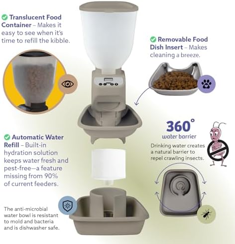 Feeding Friend® Automatic Dog & Cat Food Feeder with Water Dispenser, Portion Control, OLED Display, Anti-Jam Design, Battery Operated, for Pets 4–15 lb, Taupe - Image 6