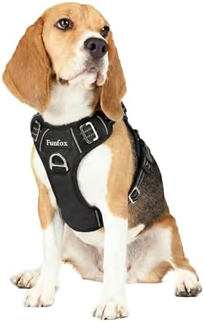 Funfox Dog Harness Medium Sized Dog, Vertical Handle Easy Control, No Pull Pet Vest Adjustable with 2 Leash Clips, Soft Material, Reflective Safe Night Walking for Small Medium Large Breed, Black, M by MyFUNFOX