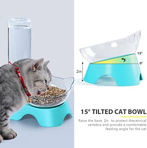 MILIFUN Double Dog Cat Bowls - Pets Water and Food Bowl Set, 15°Tilted Water and Food Bowl Set with Automatic Waterer Bottle for Small or Medium Size Dogs Cats - Image 2
