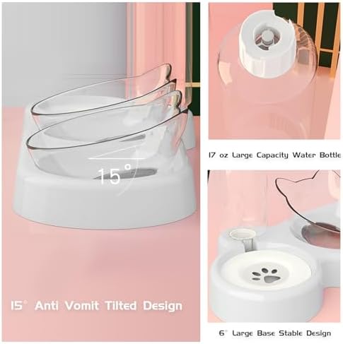 Marchul Raised Three Cat Dishes for Food and Water, Pet Feeding Bowls with Automatic Water Bottle - Image 5