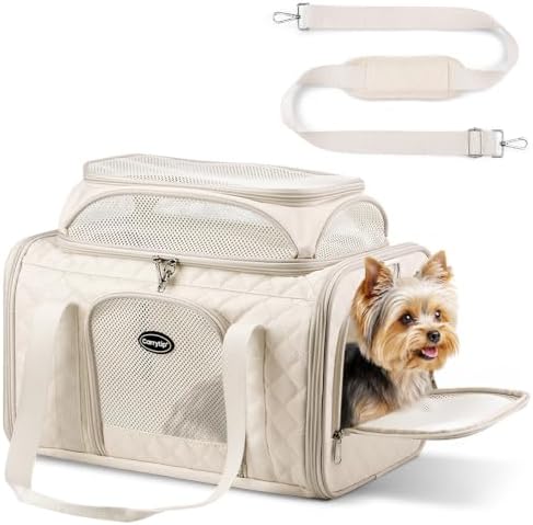 Airline Approved Cat Carrier with Expandable Top, 17x11x9.5in, Ivory White‌ by Carrytip