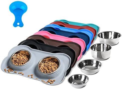 Hubulk Pet Dog Bowls 2 Stainless Steel Dog Bowl with No Spill Non-Skid Silicone Mat + Pet Food Scoop Water and Food Feeder Bowls for Feeding Small Medium Large Dogs Cats Puppies (Large, Gray) by Hubulk
