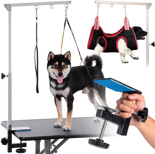 Dog Grooming Table Arm with Hammock - Adjustable Height, Pet Grooming Hammock, No Sit Haunch Holders, Loop Noose Heavy-Duty Clamp (Stainless Steel) by Phenfor