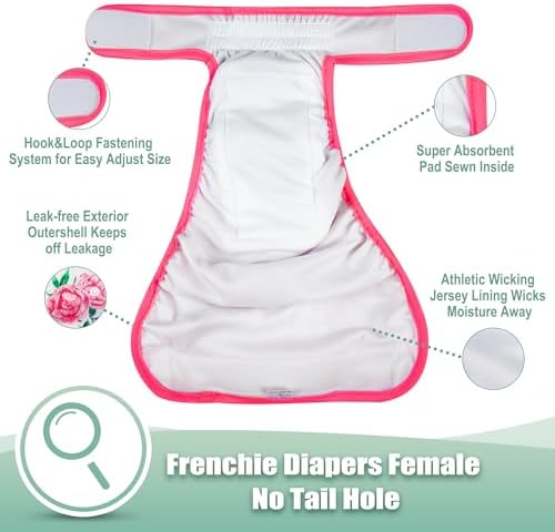 wegreeco Frenchie Dog Diapers Female No Tail Hole,Washable Pet French Puppy Bulldog Diapers Female for Period Heat,Reusable Doggy Doggie Dog Diapers （Ocean of Flowers Medium） - Image 4