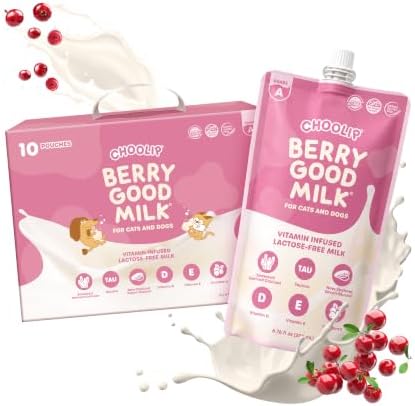 Choolip Berry Good Milk for Cats & Dogs – Lactose-Free Pet Milk Pouches – Vet-Formulated Hydrating Drink with Cranberry, CoQ10, Glucosamine & Omega-3 (200mL x 10 Pouches) by CHOOLIP