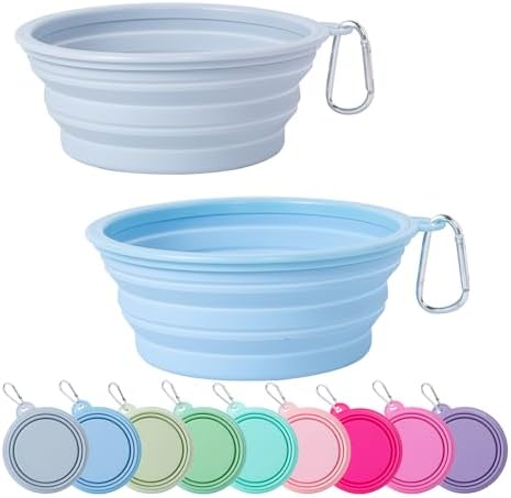 SLSON Collapsible Dog Bowl, 2Pack Macaron Color Pet Travel Bowls Silicone Foldable Water Feeder Dish for Small to Large Dogs Cat Walking Hiking Camping (Macaron Blue and Light Grey, Large) by SLSON