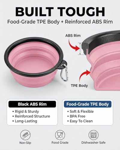 Collapsible Dog Bowls for Travel, 2-Pack Dog Portable Water Bowl for Dogs Cats Pet Foldable Feeding Watering Dish for Traveling Camping with Carabiners, BPA Free (Purple&Pink, Large) - Image 2