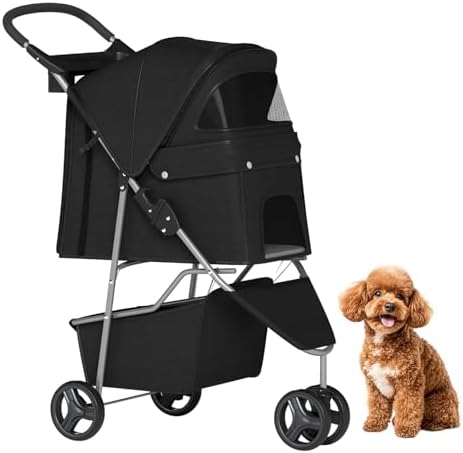 BestPet | 3-Wheel Pet Stroller | Dog and Cat Stroller | Breathable Mesh | Lightweight Travel Carrier | Waterproof & Foldable Design | Storage Basket | Black | for Daily Walks & Outdoor Use by BestPet
