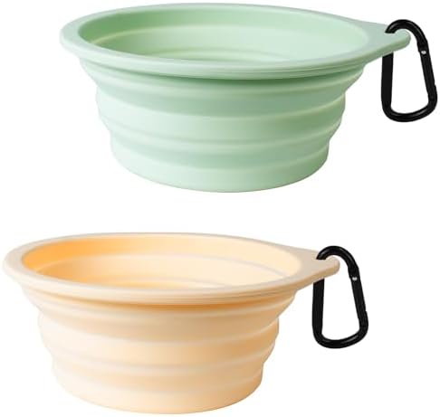 PetBonus 2-Pack Large Silicone Collapsible Dog Bowls, 34oz/1000ml BPA Free Portable Foldable Travel Bowl for Pet Cat, Food Water Feeding Dish for Camping with 2 Carabiners (Light Mint, Beige Cream) by Petbonus