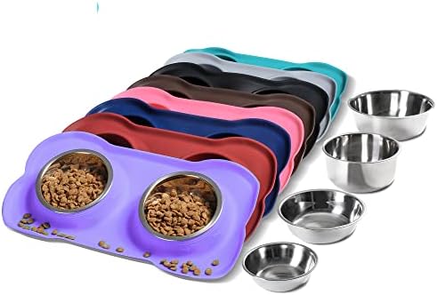Hubulk Pet Dog Bowls 2 Stainless Steel Dog Bowl with No Spill Non-Skid Silicone Mat + Pet Food Scoop Water and Food Feeder Bowls for Feeding Small Medium Large Dogs Cats Puppies (Large, Purple) by Hubulk