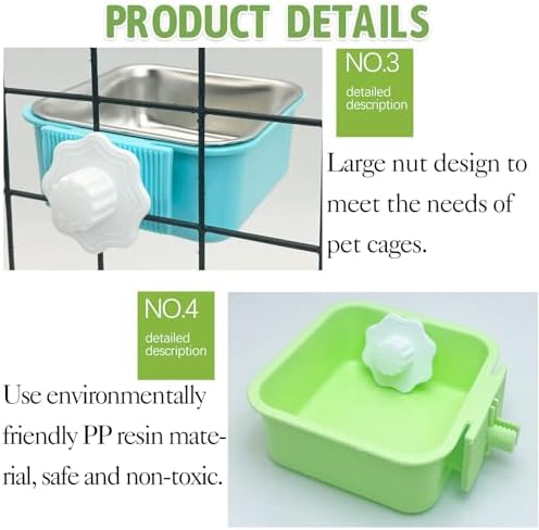 kathson Crate Dog Bowl, Removable Stainless Steel Hanging Pet Kennel Cage Bowl Food & Water Feeder Coop Cup for Puppy, Cat, Rabbit, Guinea Pigs 2pcs Small Square(Blue, Green) - Image 4