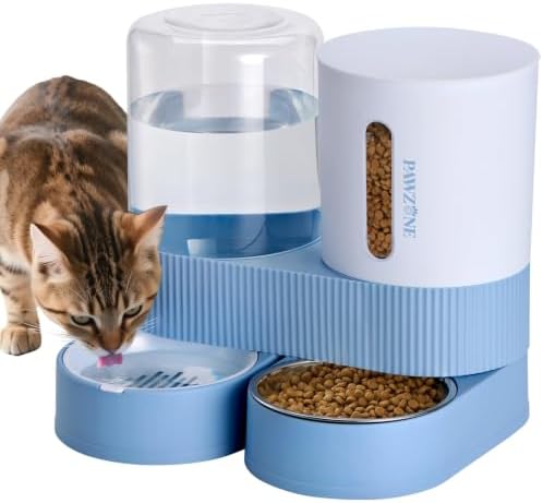 Automatic Cat Feeder Stainless Steel Water Dispenser Gravity Food Feeder and Waterer Set with Pet Food Bowl for Small Medium Kitten Puppy Pets Large Capacity(Blue) by Pawzone