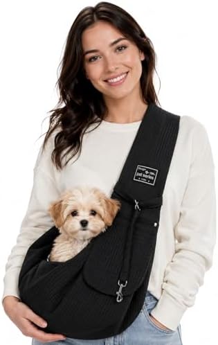 Dog Sling Carrier for Small Dogs, Puppies, Cats & Senior Dogs, Crossbody Pet Papoose Carrier Bag, Lightweight Breathable Hands Free Pet Carrier for Walks, Vet Visits, Travel & Daily Outings (Black) by AXEARTE
