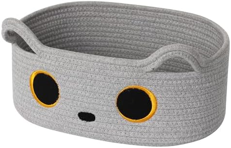 Gray Cat Toy Basket, Small Woven Cat Toy Storage Box with Cute Ears Handle Indoor, Cotton Rope Storage Bin with Embroidered Face for Home Decor, Pet Bed, Nursery Kids Room Organization by Unknown