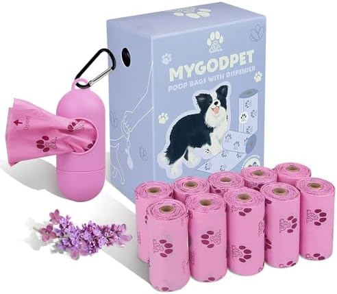 Dog Poop Bags Rolls with Dispenser 150 Count Biodegradable Bags for Dog and Cat Lavender Scented Waste Bag Leak Proof Doggie Poop Bag Doggy Trash Bag Purple by MYGODPET