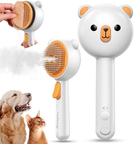 Pet Steam Brush for Dogs & Cats, Brushes for Indoor Cats with Release Button, Undercoat Removal Grooming brush, Dual Spray USB Rechargeable, Dog Brush for Shedding for All Long- and Short-haired Pets by FEELNEEDY