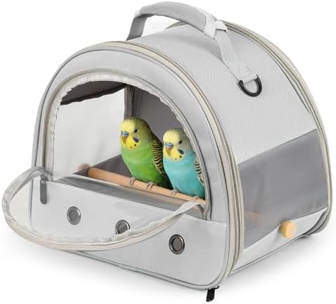 Bird Carrier, Portable Small Bird Parrot Parakeet Carrier with Standing Perch and Stainless Steel Tray, Side Access Window Collapsible (Grey, Horizontal Perch) by halinfer