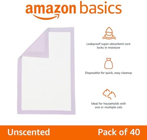 Amazon Basics Cat Pee Pads, Super Absorbent, Odor Control, Universal Fit for Litter Box, Disposable, Multi Cat, Unscented, Purple, 40 Count - Image 2