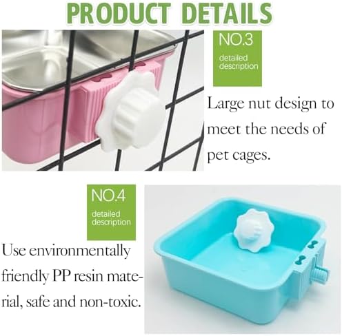 kathson Crate Dog Bowl, Removable Stainless Steel Hanging Pet Kennel Cage Bowl Food & Water Feeder Coop Cup for Puppy, Cat, Rabbit,Guinea Pigs 2pcs Large Square(Blue,Pink) (Pack of 2) - Image 4